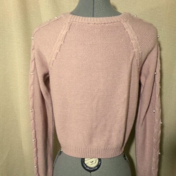 FRESHMAN Cable knit Pearl Beaded Sweater Top XS Pink crop Scoop neck Long Sleev - Picture 7 of 10